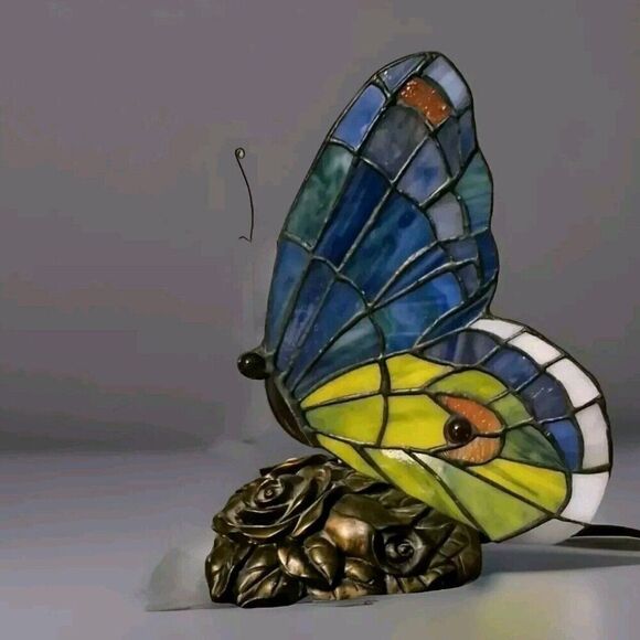 QUOIZEL INC BRONZE STAINED GLASS BUTTERFLY ACCENT TABLE LAMP NIGHT LIGHT 9” TALL - Picture 2 of 12